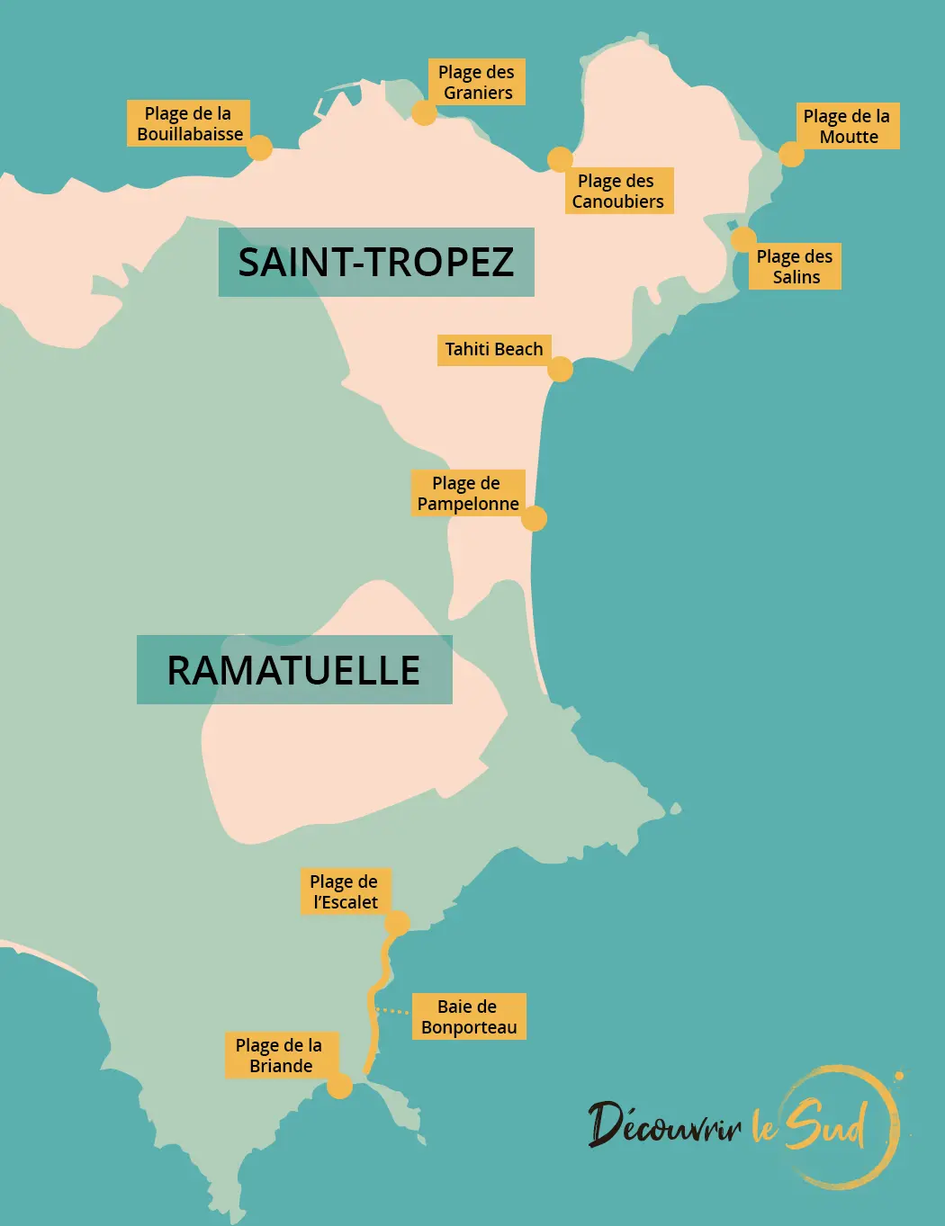 Carte des plus belles plages de Saint-Tropez et Ramatuelle